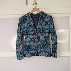 Blue Gray Geometric African Print Colorful Statement Geometric Blazer Size XS